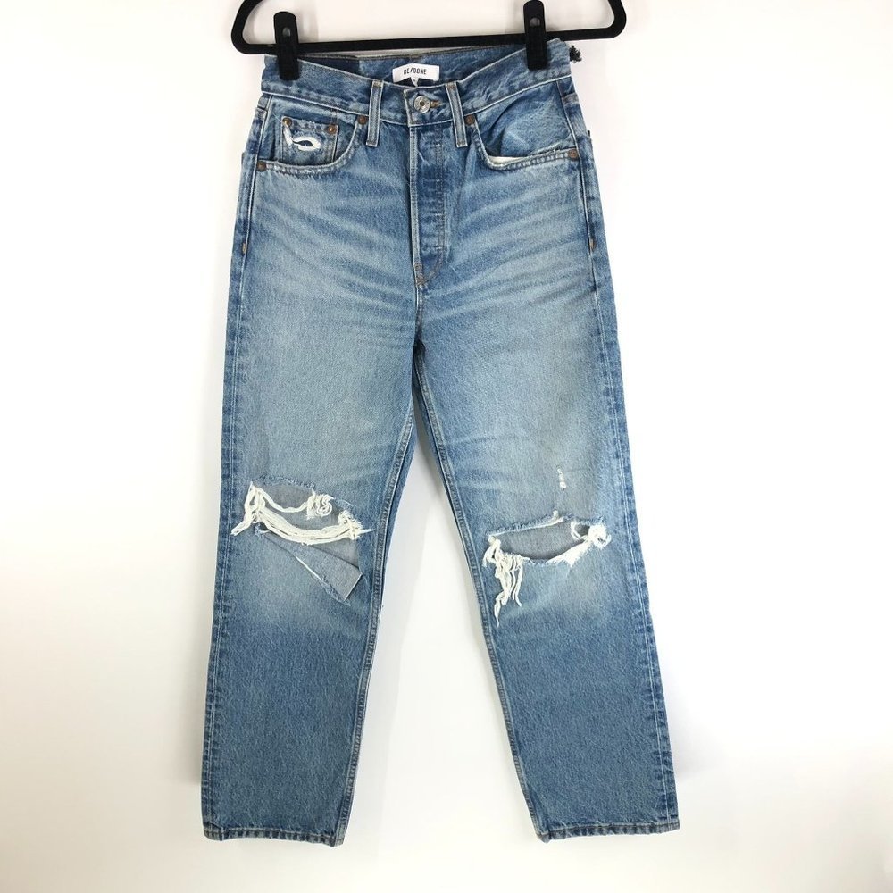 Re/Done 90s Crop Low Slung Jeans Denim Button Fly Distress Straight Blue 25 NWT